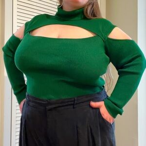 Sexy Elf Christmas Sweater | Sleek Green Turtleneck w Cut-outs | Eloquii | 22/24